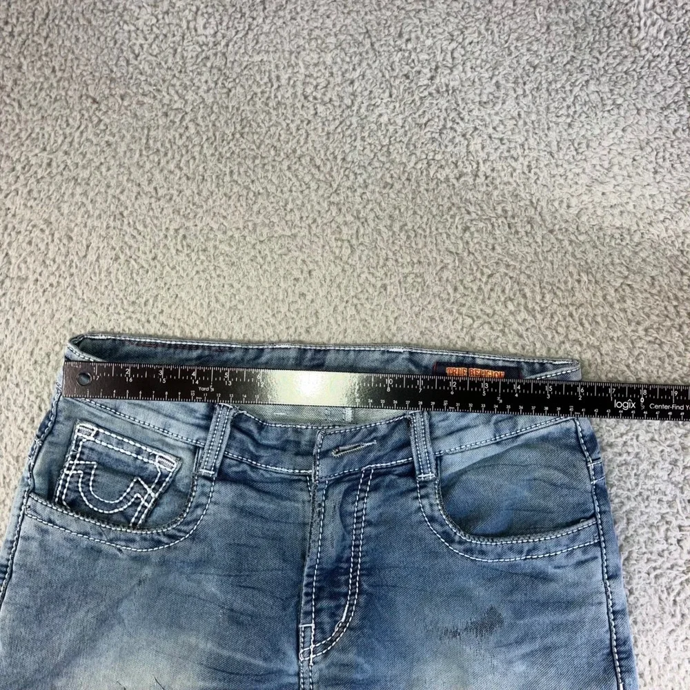 True Religion Jeans Men 32X28 Low Rise Skinny‎ Blue Thick Stitch Logo Distressed